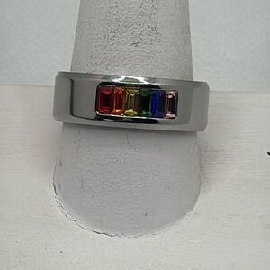 NWOT Size 8 Titanium band with rainbow flag stones